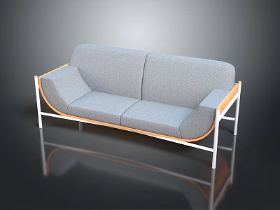 Gray Two Seater Sofa With White Metal Frame And Wooden Armrests Modern Design 3d model