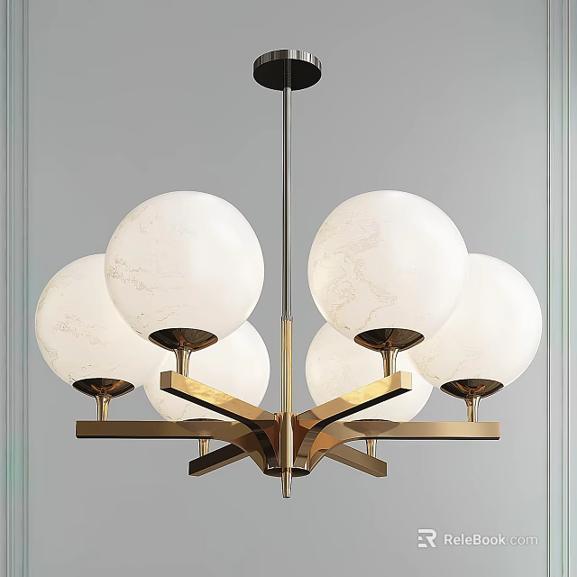 Modern Multi Globe Pendant Light Featuring White Marble Shades And Brass Cross Frame 3d model