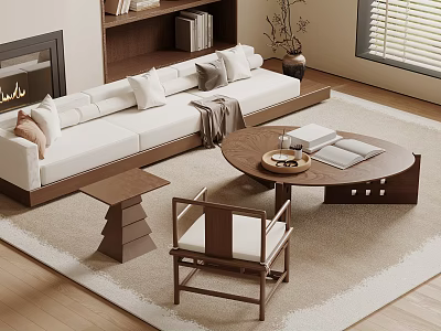 Minimalist White Sofa With Pillows And Round Wooden Coffee Table In Living Room 3d model