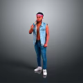 Shirtless Man In Denim Vest And Jeans With Headband And White Shoes Standing