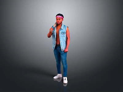 Shirtless Man In Denim Vest And Jeans With Headband And White Shoes Standing 3d model