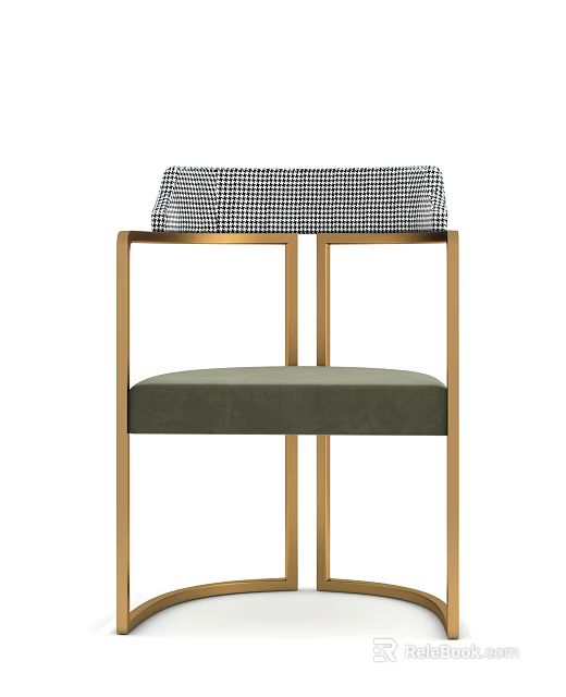 Modern Dining Chair With Brass Metal Frame Green Upholstered Seat And Checkered Pattern Backrest 3d model 