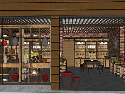 Traditional Chinese Specialty Store Interior With Wooden Shelves Ceramic Jars And Red Lanterns 3d model