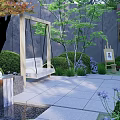 Modern Courtyard Garden Entrance With Lush Green Plants Trimmed Shrubs And Outdoor Lighting