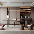 Modern Open Concept Study Room Interior Design With Built In Shelves And Office Desk