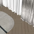 Stylish Round Shaped Rug With Black Stripe On Herringbone Wood Flooring And White Beige Curtains