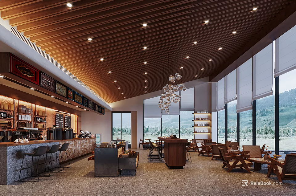Modern Café Interior Design With Wooden Ceiling Hanging Chandeliers And Large Windows 3d model 
