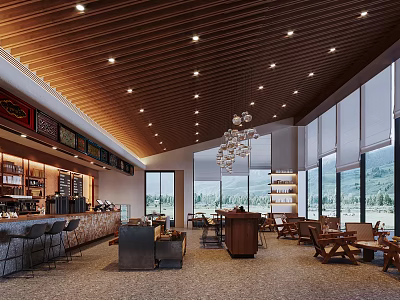 Modern Café Interior Design With Wooden Ceiling Hanging Chandeliers And Large Windows 3d model