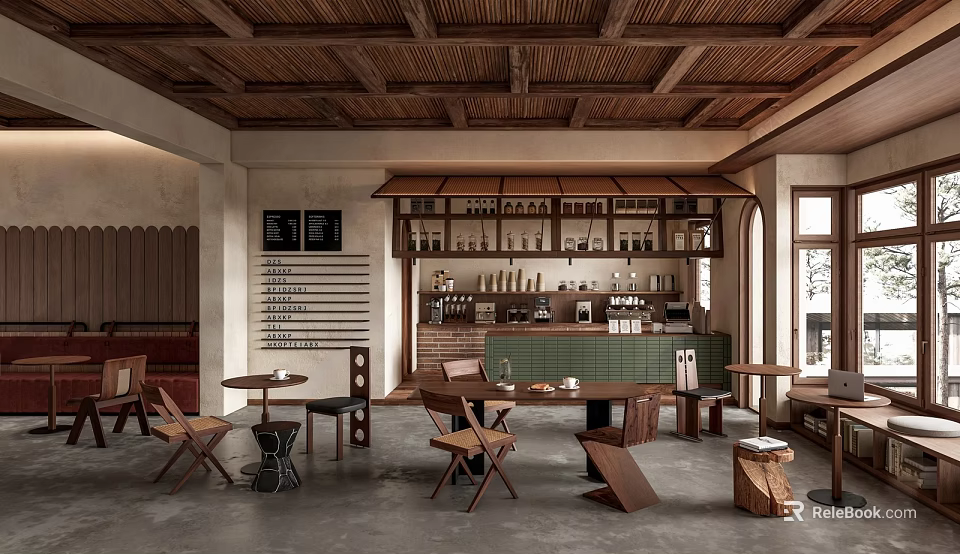 Café Interior Design With Wooden Ceiling Open Bar Wooden Tables Chairs And Green Plants 3d model 