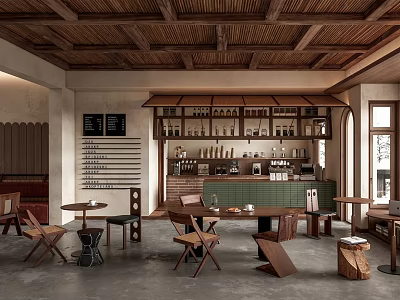 Café Interior Design With Wooden Ceiling Open Bar Wooden Tables Chairs And Green Plants 3d model