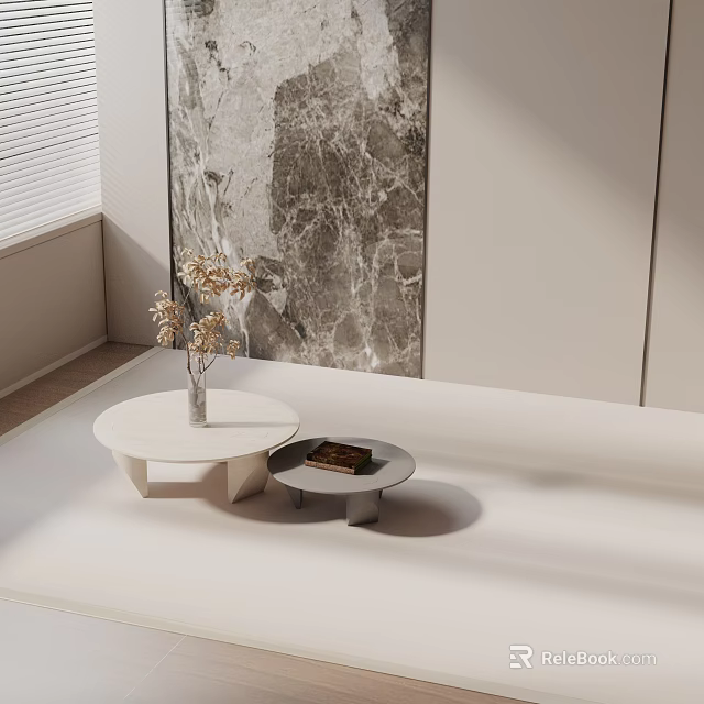 Elegant Modern Sofa Coffee Table Set With Round White Tables Vase Flowers And Marble Wall 3d model 