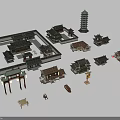 Ancient Traditional Architecture Scene With Courtyard Pagoda Archway And Buildings