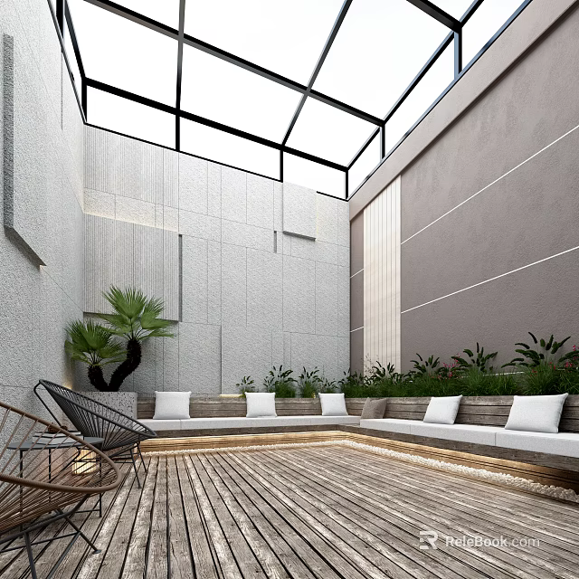 Modern Villa Balcony With Glass Roof Wooden Flooring Benches White Cushions And Green Plants 3d model 