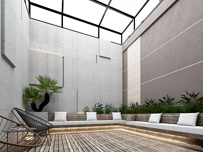 Modern Villa Balcony With Glass Roof Wooden Flooring Benches White Cushions And Green Plants 3d model