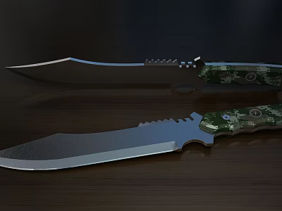 Tactical Double Camouflage Handle Knives with Sharp Blades on Wooden Surface 3d model