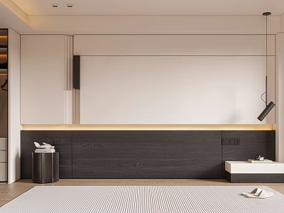 Modern Minimalist Living Room Background Wall With Dark Wooden Cabinet And LED Strip Lighting 3d model