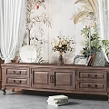 Vintage Wooden TV Stand with Drawers and Cabinets Plant Wall Art Curtains and Books