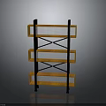 Modern Three Tier Shelf Design With Orange Wooden Shelves And Black Metal Cross Support Frame