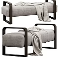 Modern Gray Fabric Ottoman with Wooden Armrests and Soft Blanket for Living Room