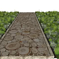 Scenic Garden Pathway Paved With Wooden Slices And Green Grass