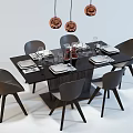 Modern Dining Table Set With Black Table Six Chairs Copper Pendant Lights And Tableware 3d model