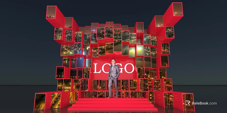 Red Event Stage With Square Panels City Night Reflections And LOGO 3d model