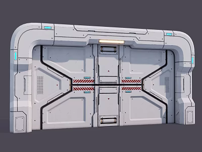 Architectural Component Futuristic Metal Door with Geometric Lines Blue Lights and Red Warning Stripes 3d model