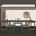 Modern Chinese Tea Room Interior With Wooden Table Chairs Circular Painting And Tea Set
