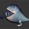 Cute Cartoon Blue Monster Character With Spiked Back Large Tongue And Sharp Teeth