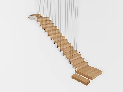 Modern Floating Staircase With Wooden Steps And Cable Supports 3d model