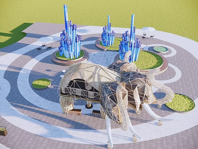 Elephant Shaped Landscape Pavilion With Blue Decorative Columns And Circular Green Lawns 3d model