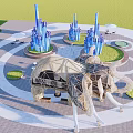 Elephant Shaped Landscape Pavilion With Blue Decorative Columns And Circular Green Lawns