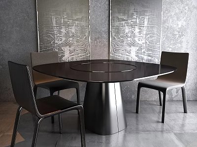 Modern Round Table and Chair Set Featuring Black Tabletop Cone Base and Dark Chairs 3d model
