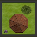 Wooden Garden Gazebo With Red Tile Roof On Green Grass And Tree With Purple Flowers