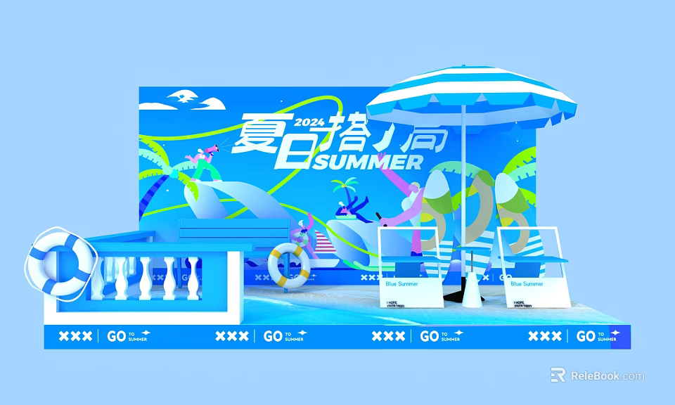 2024 Summer Themed Photo Check in Spot With Blue Backdrop Umbrella And Decorative Railings 3d model 