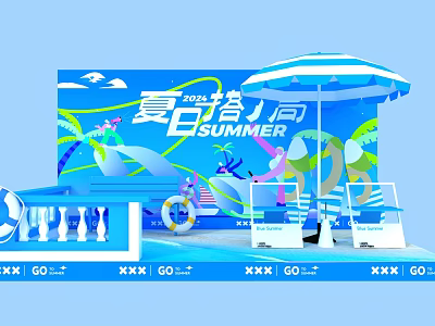 2024 Summer Themed Photo Check in Spot With Blue Backdrop Umbrella And Decorative Railings 3d model