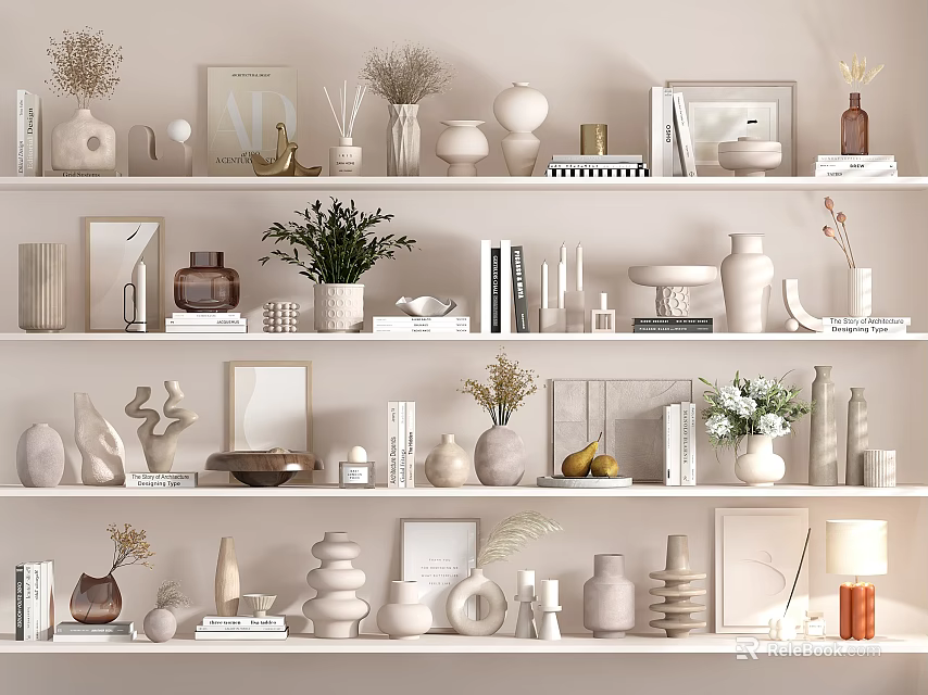 Modern Decorative Ornament Set on White Display Shelves with Vases Sculptures Plants and Frames 3d model 