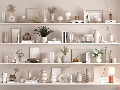 Modern Decorative Ornament Set on White Display Shelves with Vases Sculptures Plants and Frames 3d model