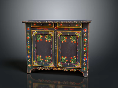 Vintage Decorative Painted Cabinet With Two Doors Drawers And Colorful Floral Motifs 3d model