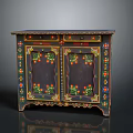 Vintage Decorative Painted Cabinet With Two Doors Drawers And Colorful Floral Motifs