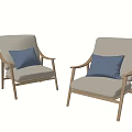 Modern Light Gray Fabric Armchairs With Blue Cushions And Wooden Armrests