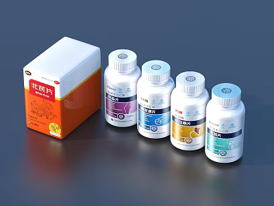 Vitamin Tablets Box And Bottles With Colorful Labels For Daily Health Care 3d model