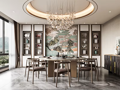 Luxurious Private Dining Room With Round Table Chandelier And Art Wall 3d model