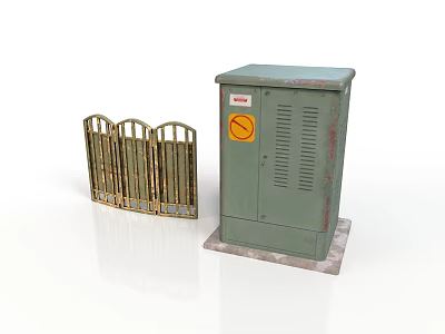 Green Electrical Cabinet And Golden Metal Fence In Outdoor Utility Setup 3d model