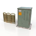 Green Electrical Cabinet And Golden Metal Fence In Outdoor Utility Setup