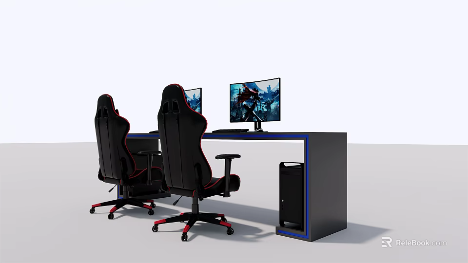Black Gaming Desk With Dual Monitors Ergonomic Chairs And Blue Accent PC Tower 3d model 