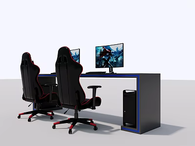Black Gaming Desk With Dual Monitors Ergonomic Chairs And Blue Accent PC Tower 3d model
