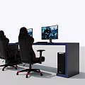 Black Gaming Desk With Dual Monitors Ergonomic Chairs And Blue Accent PC Tower