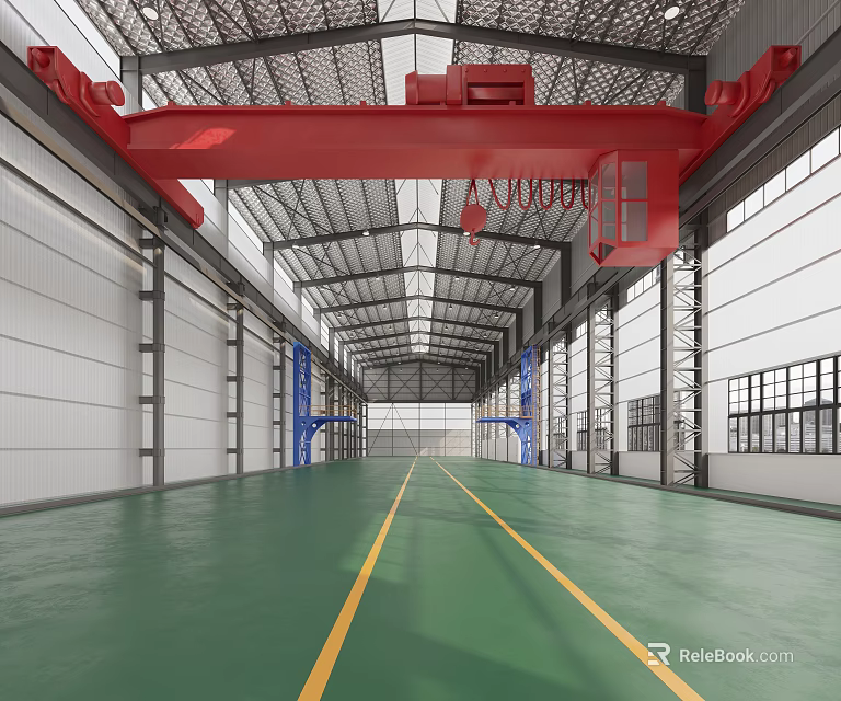 Industrial Warehouse Interior With Red Crane Green Floor Yellow Lines Blue Supports And Metal Roof 3d model 