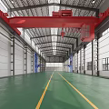 Industrial Warehouse Interior With Red Crane Green Floor Yellow Lines Blue Supports And Metal Roof